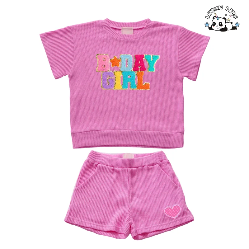 LEZONKIDS - Customizable High Quality  Waffle Cotton T Shirt Summer Shorts Girls Summer Clothing Set